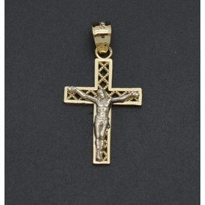 Real 10K Solid Yellow White Gold Cross Charm Jesus Crucifix Pendant 0.8gram